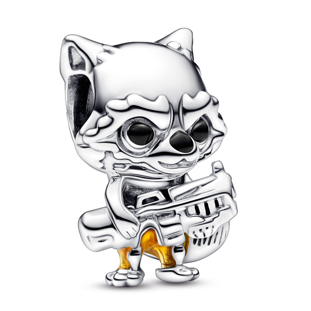 Marvel Rocket Sterling Silver Charm With Black And Transparent Orange Enamel