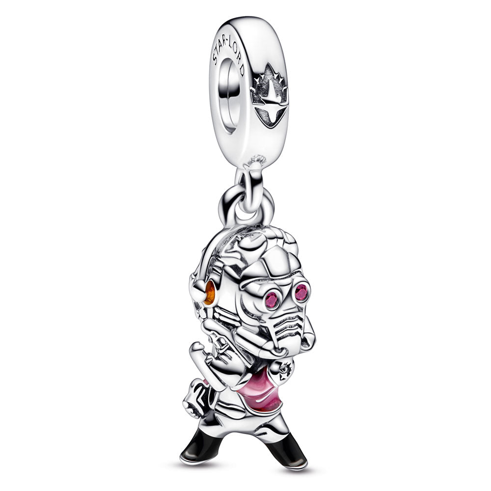 Marvel Star Lord Sterling Silver Dangle With Red Cubic Zirconia, Transparent Red, Black And Orange Enamel