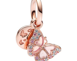 Butterfly 14K Rose Gold-Plated Dangle With Fancy Fairy Tale Pink And Clear Cubic Zirconia, Transparent Pink Plique A Jour Enamel
