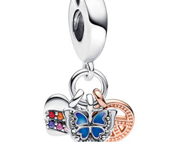 Butterfly Heart Peace Sterling Silver And 14K Rose Gold-Plated Dangle With Multi Colored Crystal, Pink And Clear Cz, Blue Enamel