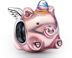 Flying Pig Sterling Silver Charm With Transparent Light Pink, Blue, Violet And Yellow Enamel