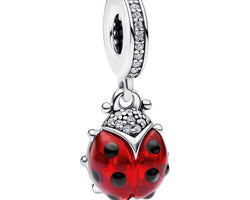 Ladybird Sterling Silver Dangle With Salsa Red Crystal, Clear Cubic Zirconia And Black Enamel