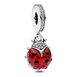 Ladybird Sterling Silver Dangle With Salsa Red Crystal, Clear Cubic Zirconia And Black Enamel