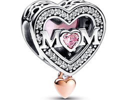 Mum Heart Sterling Silver And 14K Rose Gold-Plated Charm With Clear, Fancy Fairy Tale Pink And Pink Cubic Zirconia