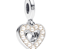 Mum Heart Sterling Silver Double Dangle With Bioresin Man-Made Mother Of Pearl And Clear Cubic Zirconia