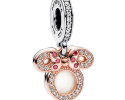 Disney Minnie Sterling Silver And 14K Rose Gold-Plated Double Dangle With Red, Clear Cubic Zirconia And Shimmering White Enamel