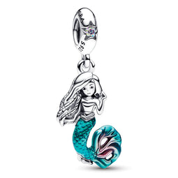 Disney The Little Mermaid Ariel Sterling Silver Dangle With Auro Borealis Clear Cubic Zirconia, Transparent Teal And Cerise Enamel