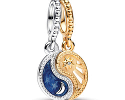 Yin And Yang Sterling Silver And 14K Gold-Plated Splittable Dangle With Clear Cubic Zirconia And Glittering Shaded Blue Enamel