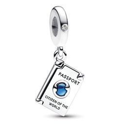 Passport Sterling Silver Dangle With Clear Cubic Zirconia And Shaded Blue Enamel