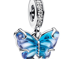 Butterfly Sterling Silver Dangle With Bi-Colour Blue Murano Glass And Clear Cubic Zirconia