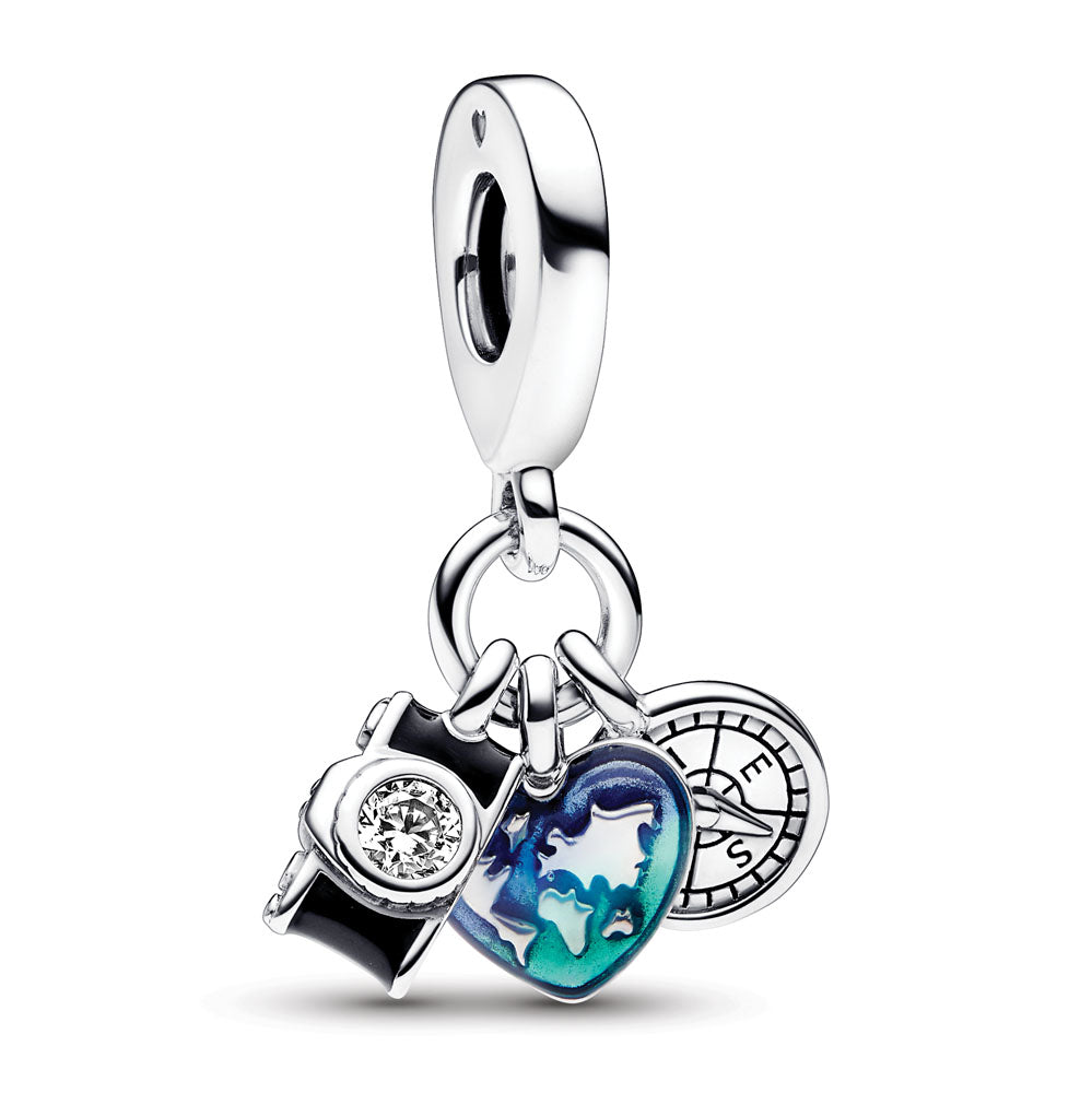 Camera, Heart And Compass Sterling Silver Triple Dangle With Clear Cubic Zirconia, Black, Transparent Blue And Green Enamel