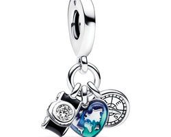 Camera, Heart And Compass Sterling Silver Triple Dangle With Clear Cubic Zirconia, Black, Transparent Blue And Green Enamel