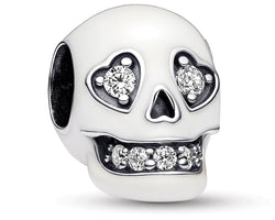 Skull Sterling Silver Charm With Clear Cubic Zirconia And White Glow In The Dark Enamel