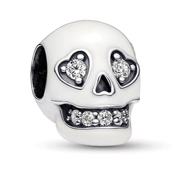 Skull Sterling Silver Charm With Clear Cubic Zirconia And White Glow In The Dark Enamel