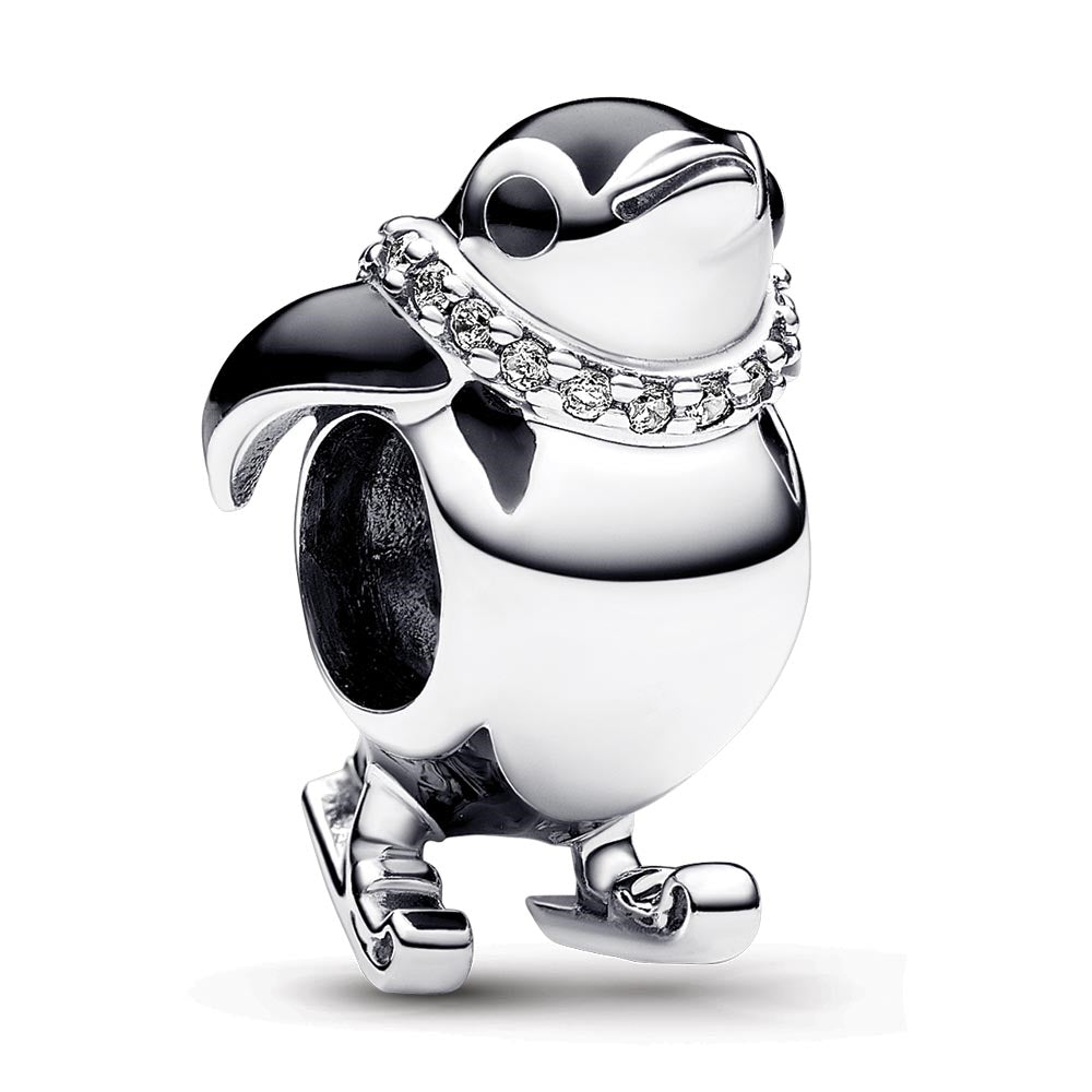 Skiing Penguin Sterling Silver Charm With Clear Cubic Zirconia And Black Enamel