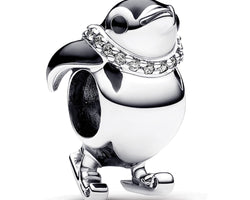 Skiing Penguin Sterling Silver Charm With Clear Cubic Zirconia And Black Enamel