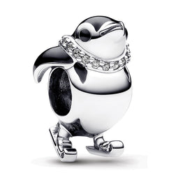 Skiing Penguin Sterling Silver Charm With Clear Cubic Zirconia And Black Enamel