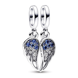 Angel Wings Sterling Silver Splittable Dangle With Stellar Blue, Skylight Blue Crystal And Clear Cubic Zirconia