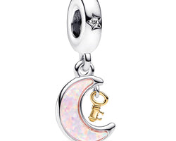 Moon And Key Sterling Silver And 14K Gold-Plated Dangle With Clear Cubic Zirconia And Pink Lab-Created Opal
