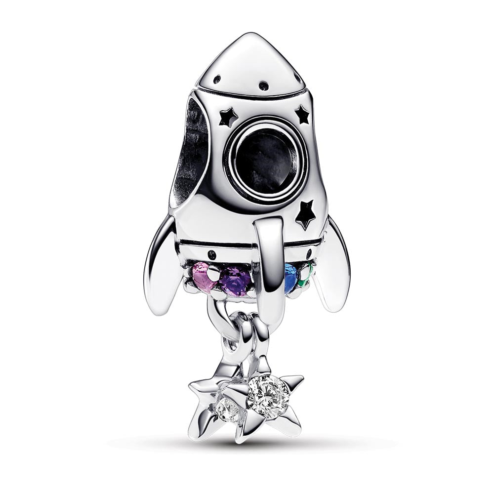 Space Rocket Sterling Silver Charm With Phlox Pink, Royal Purple, Stellar Blue And Royal Green Crystal And Clear Cubic Zirconia