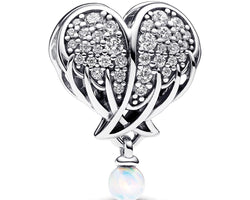 Angel Wing Heart Sterling Silver Charm With Clear Cubic Zirconia And White Lab-Created Opal