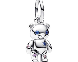Teddy Bear Sterling Silver Dangle With Fancy Fairy Tale Pink Cubic Zirconia, Royal Purple And Stellar Blue Crystal