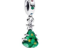 Christmas Tree Sterling Silver Dangle With Clear, Red Cubic Zirconia, Stellar Blue, Royal Green Crystal And Golden Enamel
