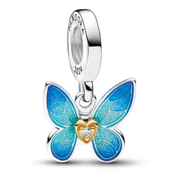 Butterfly With Moveable Wings Sterling Silver And 14K Gold-Plated Dangle With 0.009 Ct Tw Ghi Si1+ Round Brilliant Cut Lab Created Diamond A