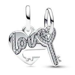 Love Heart And Key Sterling Silver Splittable Dangle With Clear Cubic Zirconia