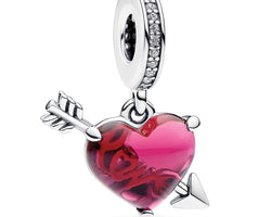 Heart And Arrow Sterling Silver Dangle With Clear Cubic Zirconia And Red Murano Glass