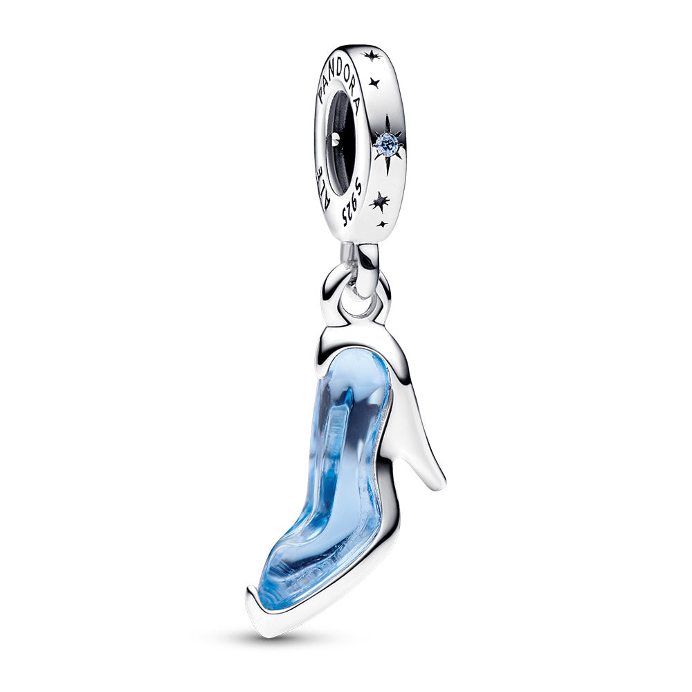 Disney Cinderella shoe sterling silver dangle with fancy light blue cubic zirconia and forever blue crystal