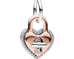 Padlock Heart Sterling Silver And 14K Rose Gold-Plated Dangle With Clear Cubic Zirconia