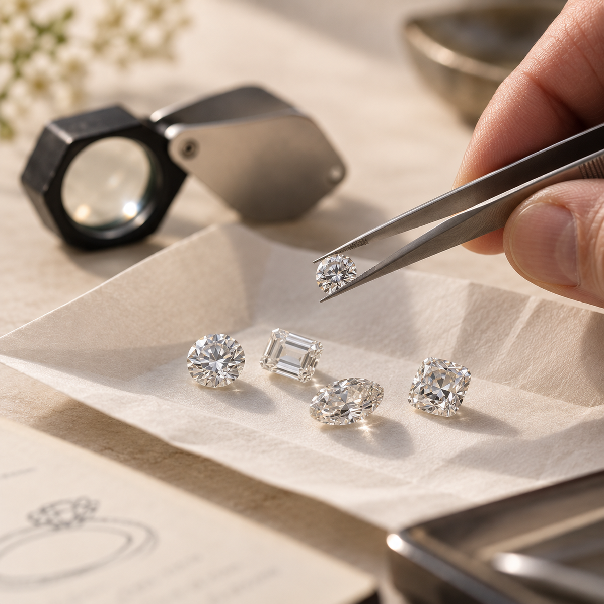 Loose diamonds being selected for a custom engagement ring at Fishers Jewellers