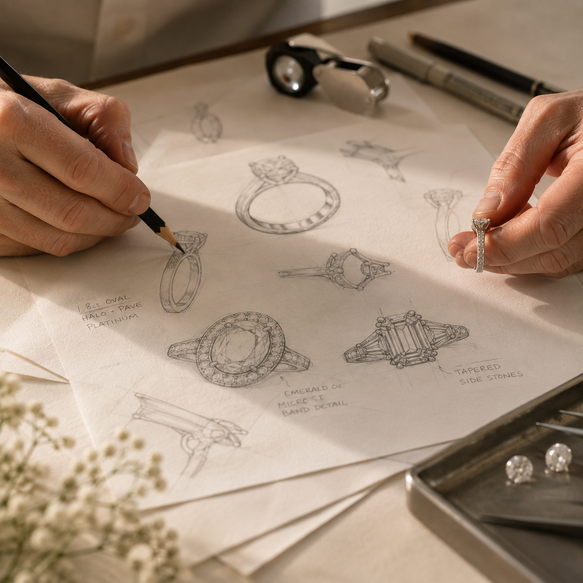 Custom engagement ring design sketches and diamond ring at Fishers Jewellers