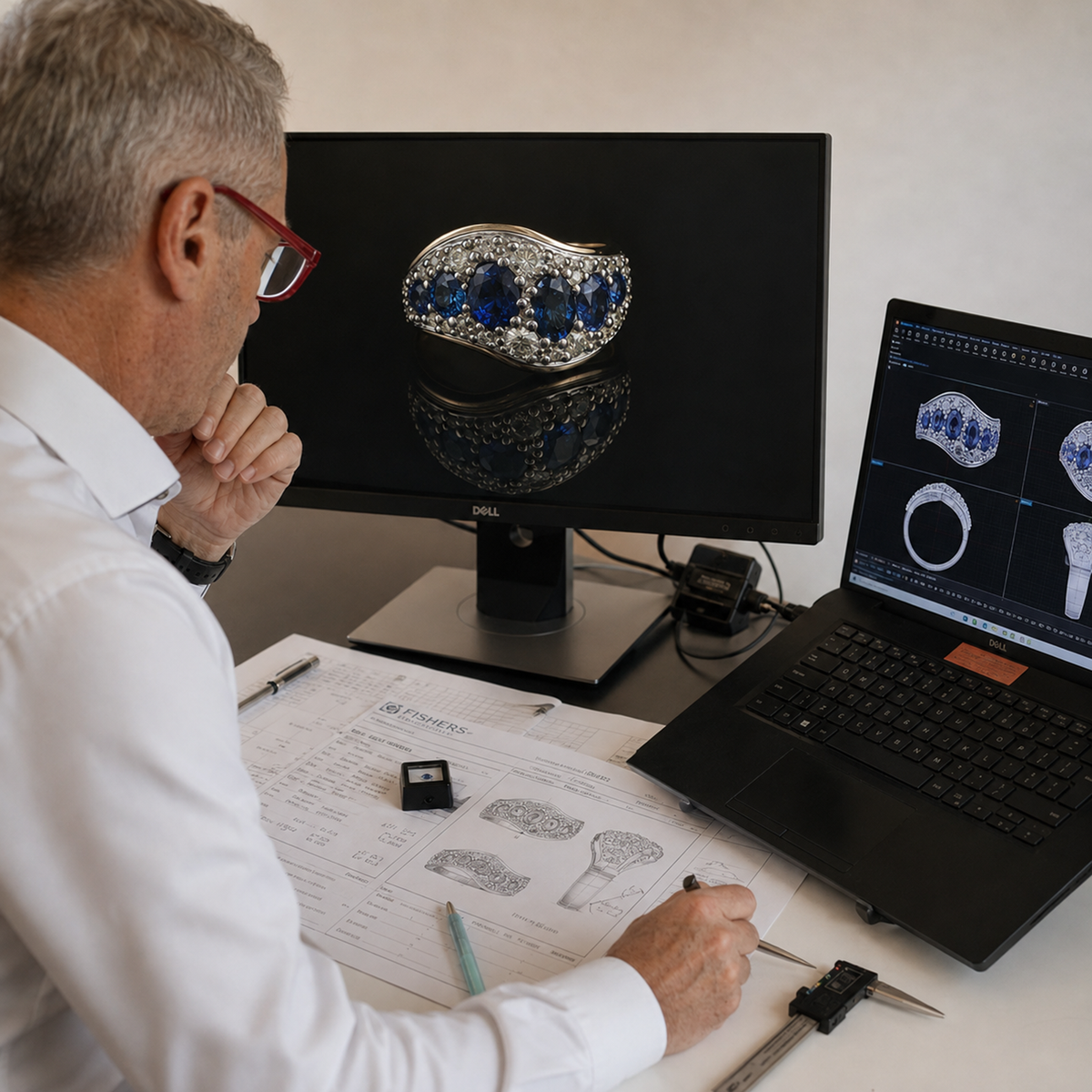 Johnny Sherry creating a custom sapphire ring using CAD design at Fishers Jewellers