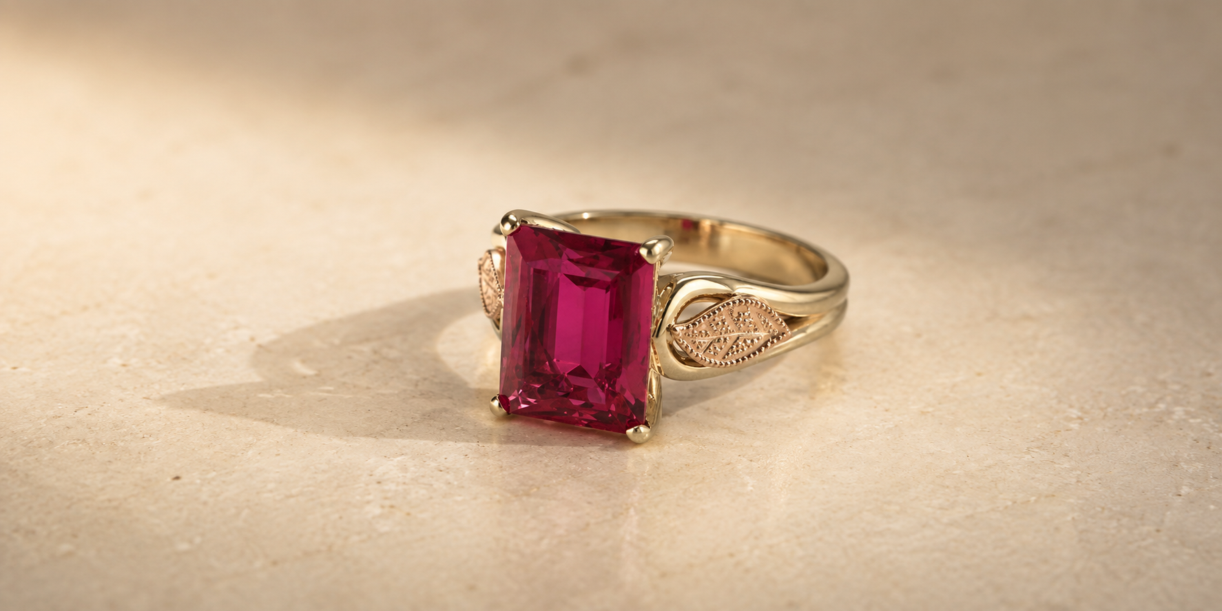 Yellow gold ring with a vibrant pink coloured gemstone, illustrating gemstone jewellery remodelling by Fishers Jewellers.