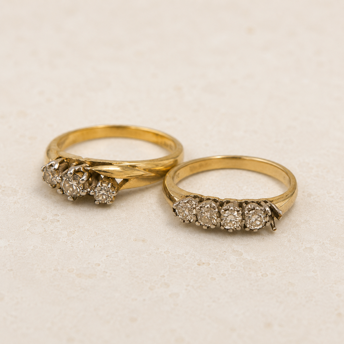 Two old yellow gold and diamond rings ready for jewellery remodelling at Fishers Jewellers