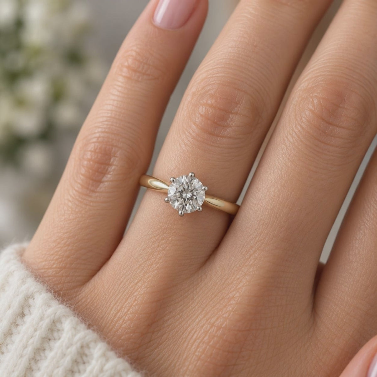 1.18ct round lab-grown diamond solitaire engagement ring worn on the hand