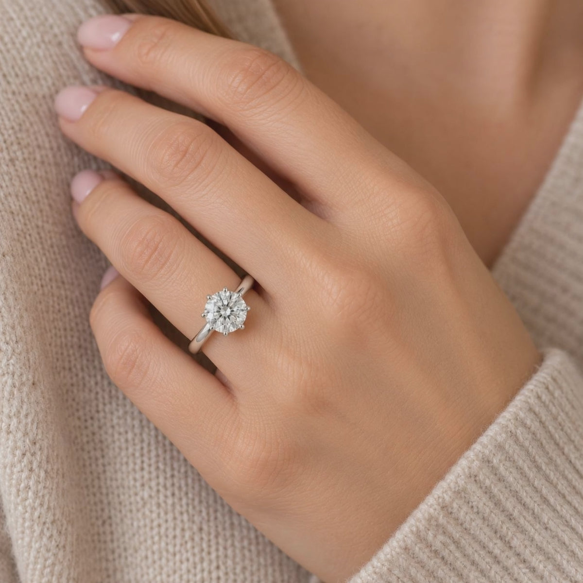 1.00ct round lab-grown diamond solitaire engagement ring in white gold worn on the hand
