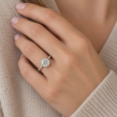 1.00ct round lab-grown diamond solitaire engagement ring in white gold worn on the hand