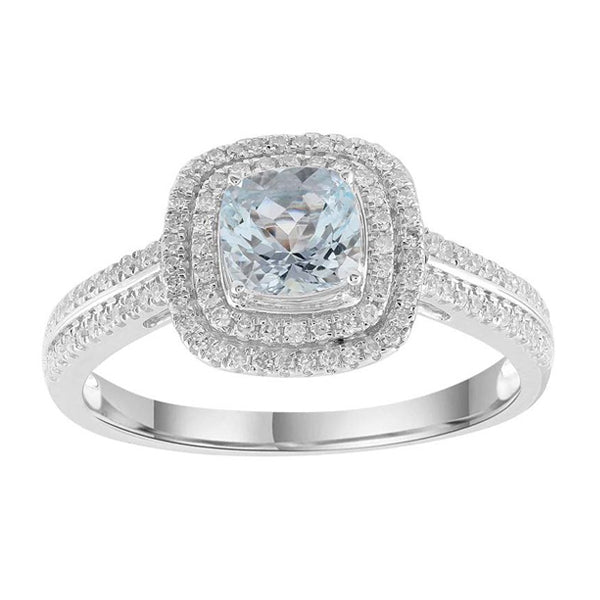 9ct White Gold Cushion Cut Aquamarine And Diamond Halo Dress Ring