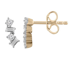 9ct Yellow Gold Baguette And Round Brilliant Diamond Stud Earrings