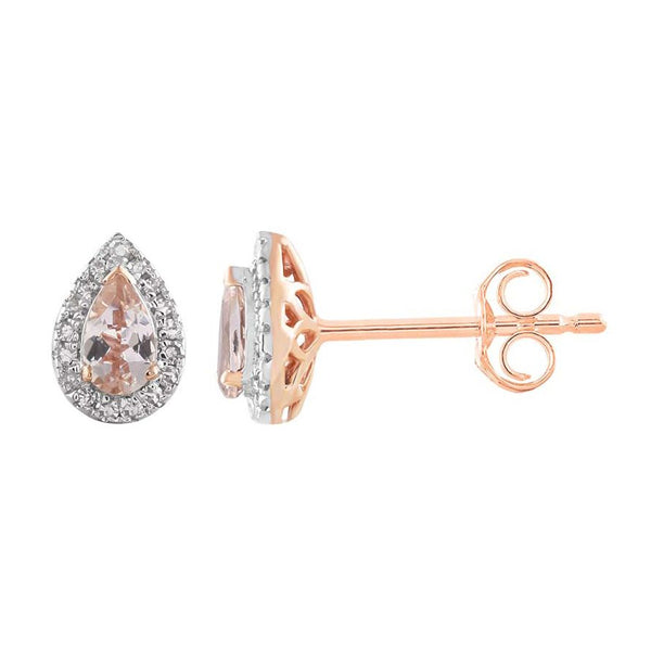 9ct Rose Gold Morganite And Diamond Halo Stud Earrings