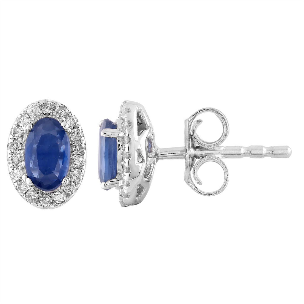 9ct White Gold 0.10Ct HI/I1 Diamond & Sapphire Oval Halo Stud Earrings