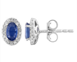 9ct White Gold 0.10Ct HI/I1 Diamond & Sapphire Oval Halo Stud Earrings