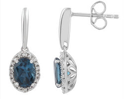 9ct White Gold Diamond & London Blue Topaz Drop Stud Earrings