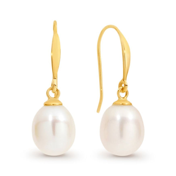 9ct Yellow Gold And Fresh Water Drop Pearl Earrings