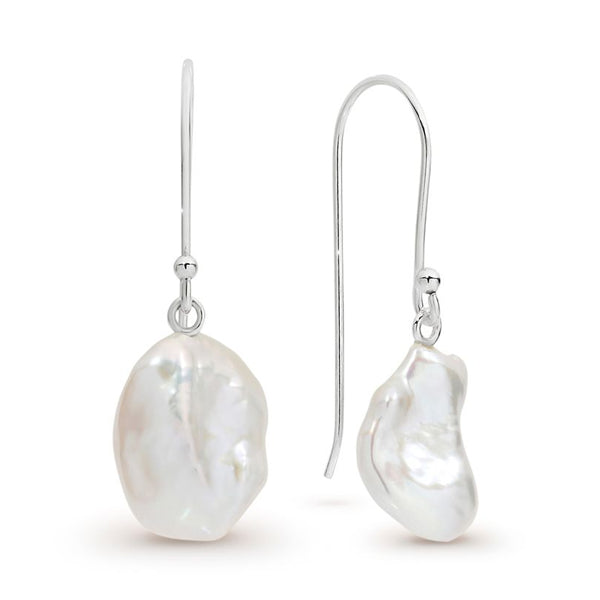 White Keshi Pearl Silver Drop Earrings