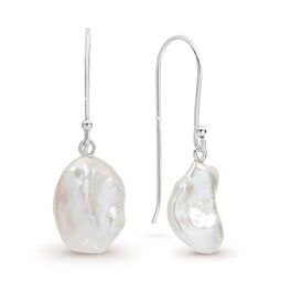 White Keshi Pearl Silver Drop Earrings
