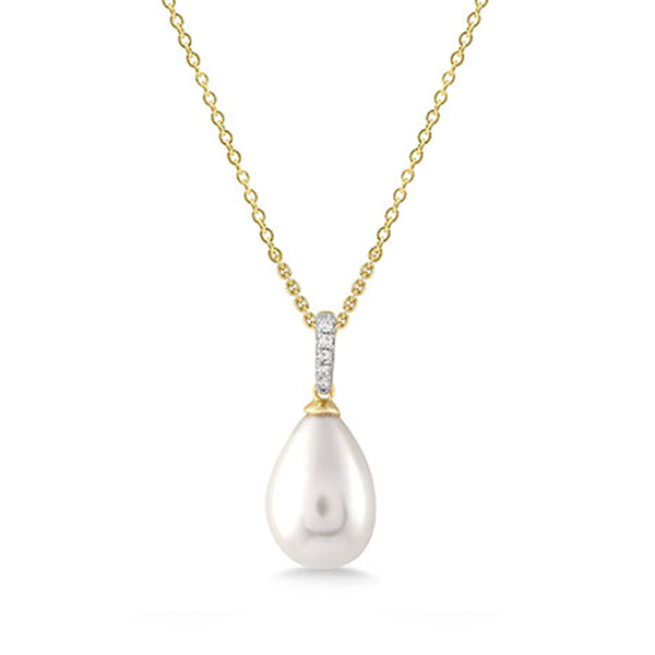 9ct Yellow Gold Diamond And White Pearl Drop Pendant